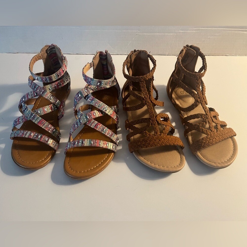Set of 2 Pairs Girls Youth Size 2 Boho Strap Gladiator Sandals Shoes Footwear - Picture 6 of 16